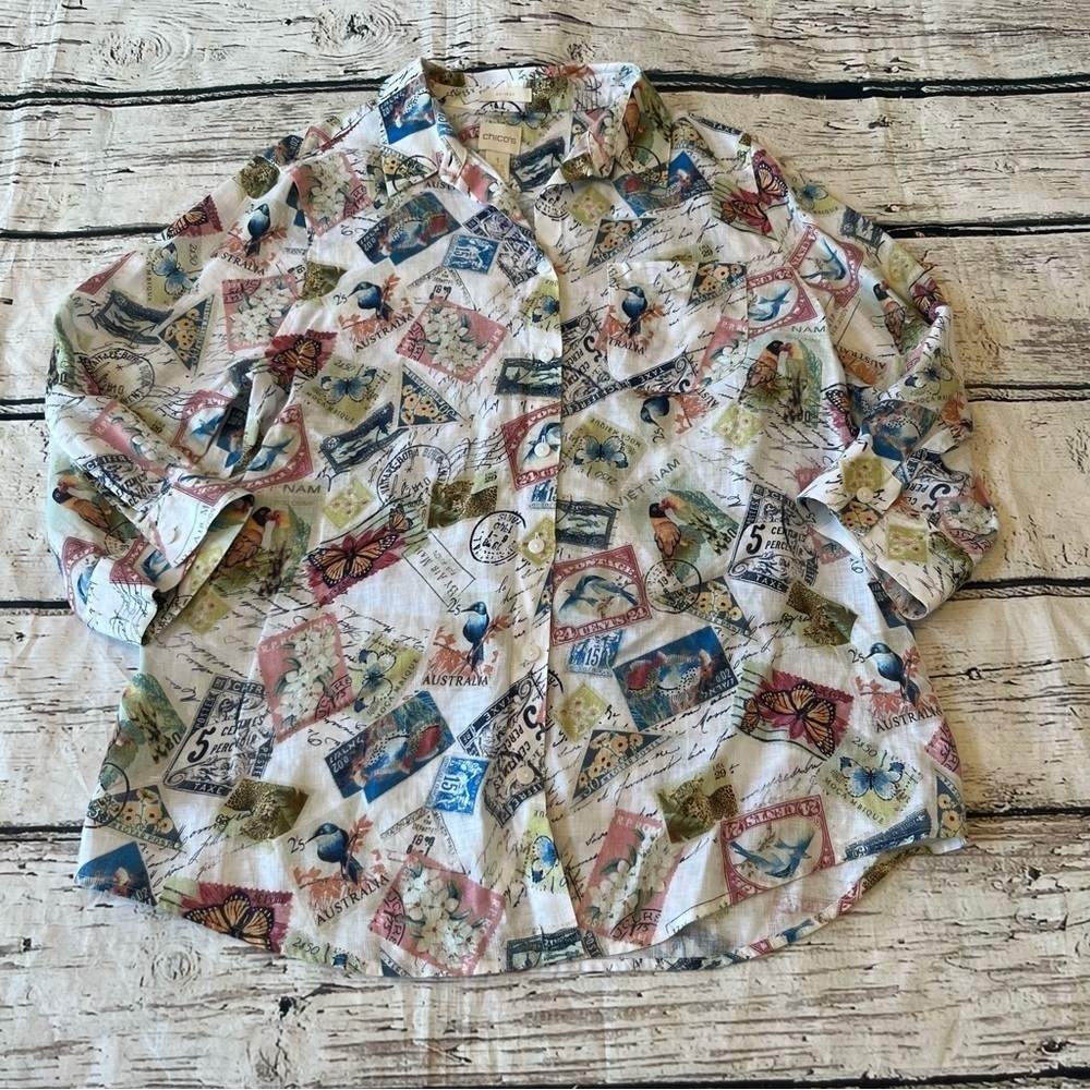 Chico's Linen Stamp Travel Printed 3/4 Sleeve Blouse Size 1(M) - Picture 2 of 9